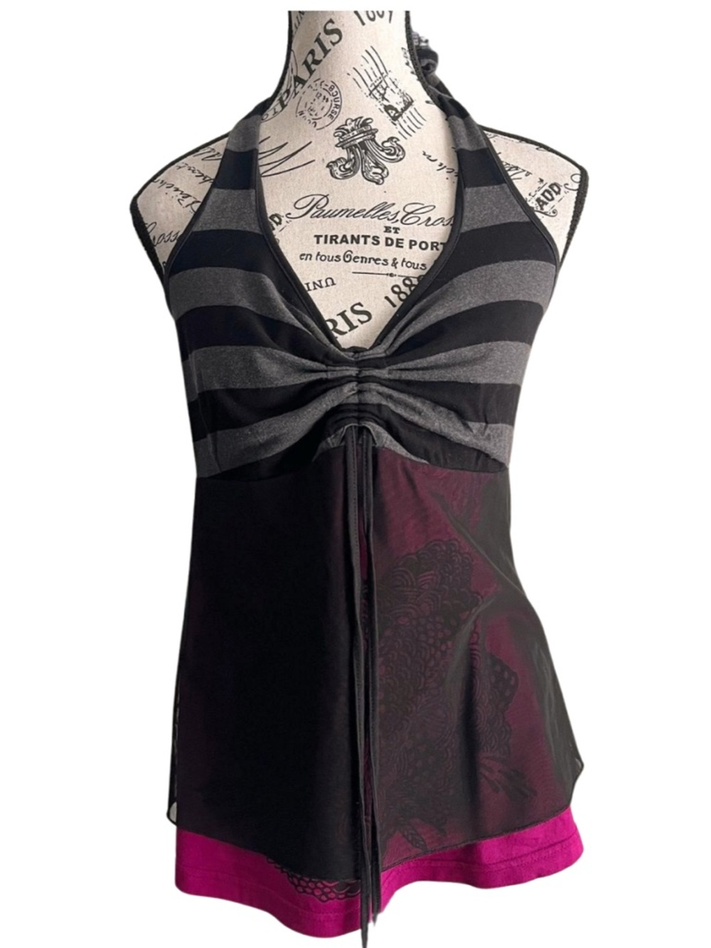 Y2K Schwiing black grey striped pink halter emo sheer scene fairy grunge medium